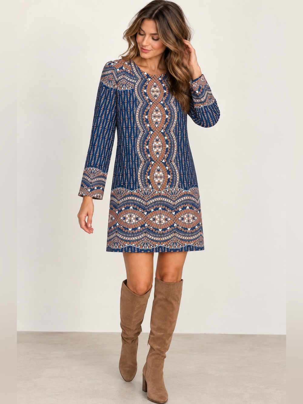 BCBGMAXAZRIA Blue Rust Embroidered Lace Long Sleeve Mini Dress M